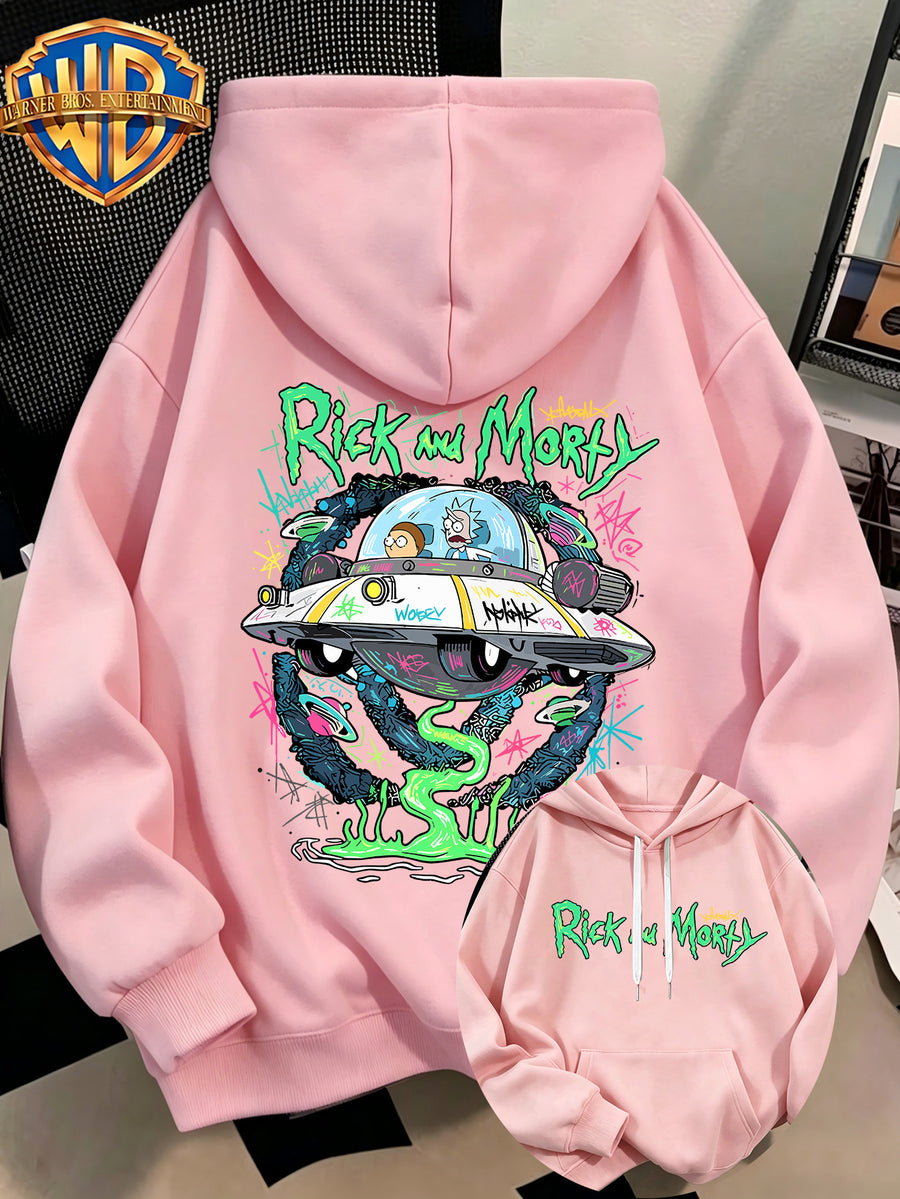 Fashion Hip Hop Print Fashion Brand Casual Versatile Sports Drawstring Pocket Hooded Men'S Sweater, Men'S Autumn And Winter Cute Casual Style, Sports Style Fashion Loose Hoodie, Daily Casual Wear - Pink Color