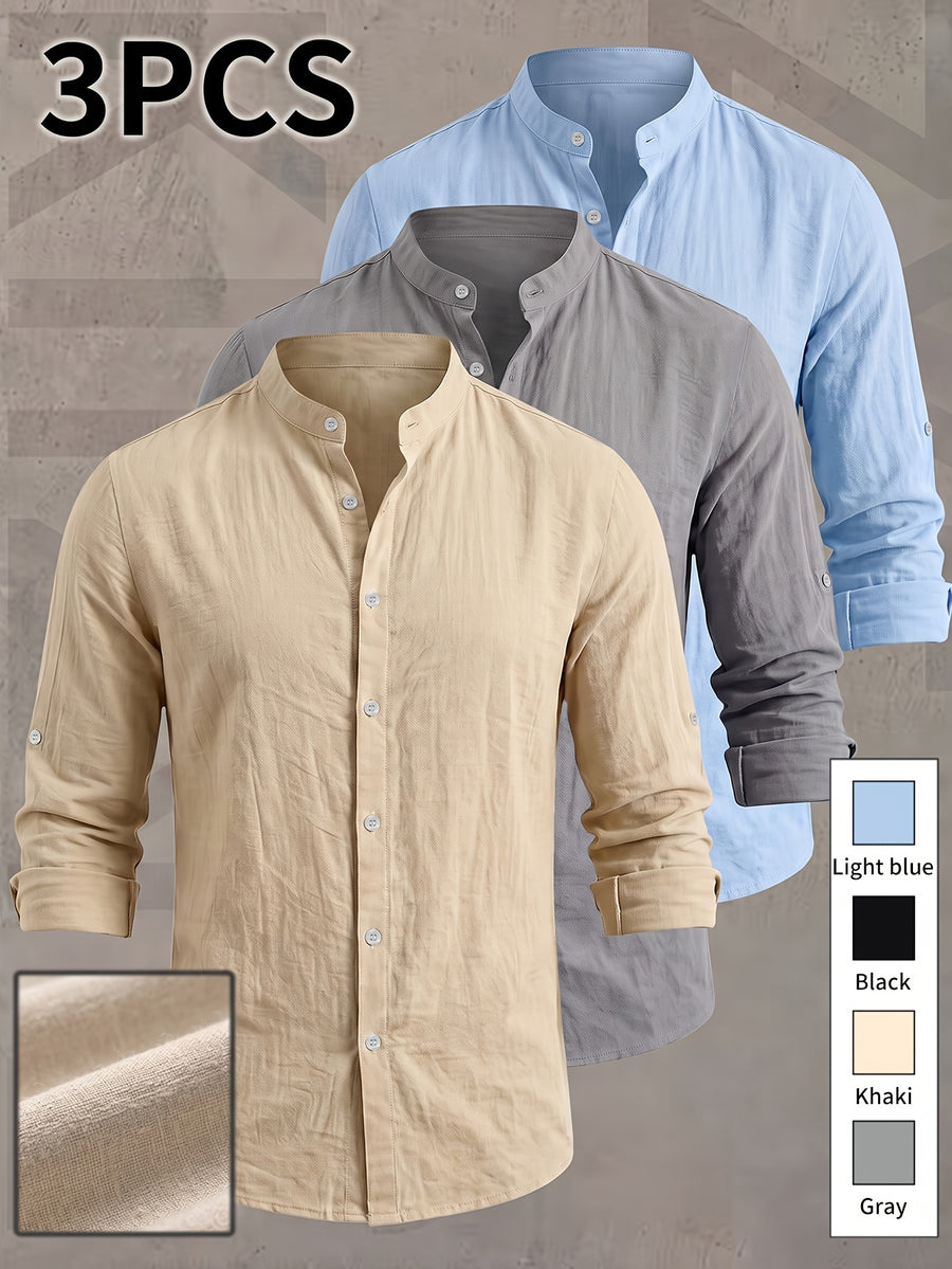 3pcs Set Men'S Henley Long Sleeve Shirt, Easy And Elegant Style. Versatile for Daily Outings And Casual Workplaces. Suitable for Personal Wear Or As a Birthday Gift for Friends And Family - Gray + Light Blue + Khaki 3-Piece Set