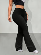 Women's High Waist Solid Color Bell Bottom Sports Yoga Pants Compression Tights Running Workout Bottoms - Black