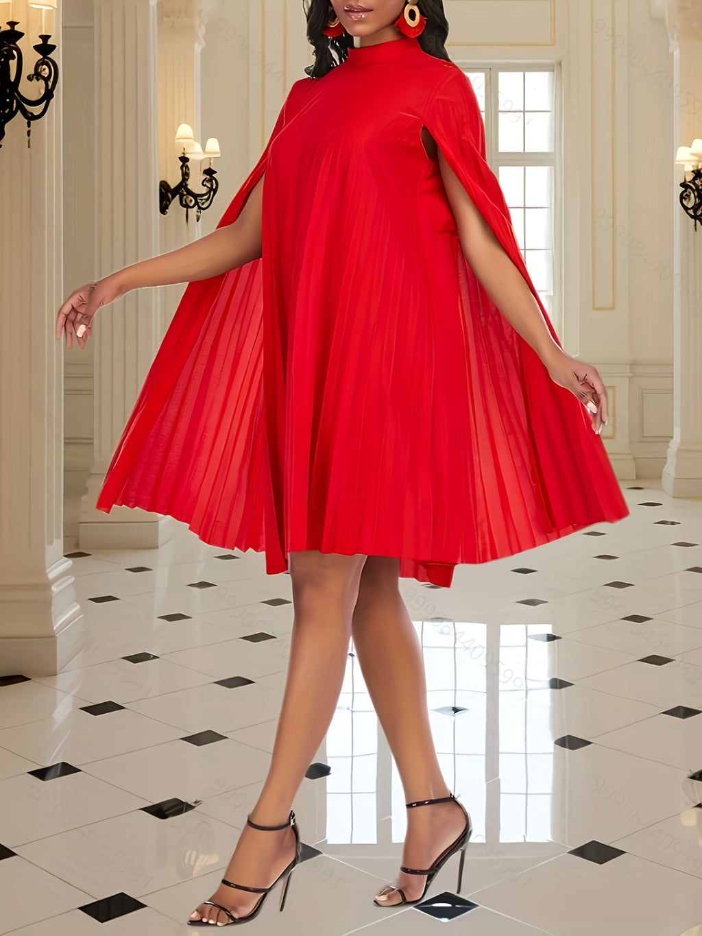 Elegant Ladies' Fashion Pleated Party Dress with Cape Sleeves Party Going-out - Red