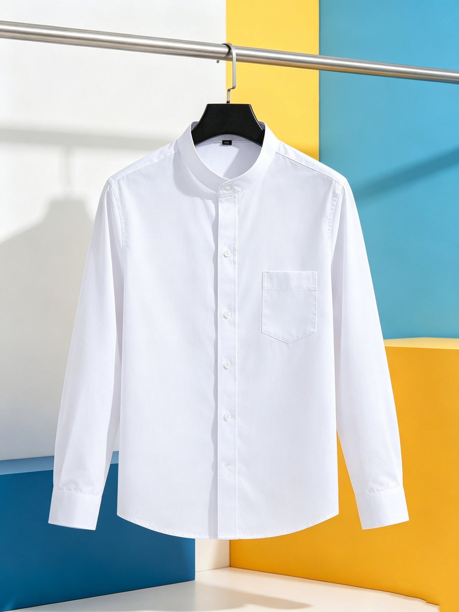 Men'S Mandarin Collar Long Sleeve Dress Shirts, Full Single Button Shirts with Chest Pocket, Solid Color Business & Daily Casual Tops - White