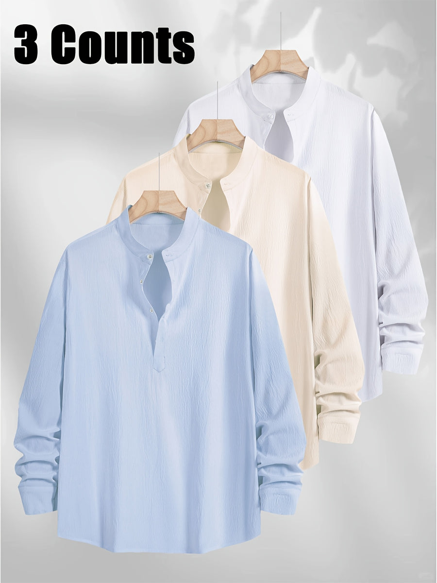 3pcs Men's Textured Slim-Fit Vacation Shirts - Long Sleeve & Short Sleeve Multi-pc, Stand Collar Button- Cuff Shirt Convertible to Short Sleeve, Breathable All-Season Hawaiian Casual Shirt Lightweight, Fashionable Minimalist for Beach Travel Vacation - Sky Blue + Khaki + White
