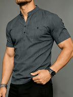 Henley Shirt Men's High-Quality Summer Short-Sleeve Henley T-Shirt - Men's Top, Old Money Style, Suitable for Golf Attire, Outdoor Camping, Fishing, and Daily Casual Wear - Dark Gray