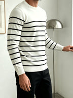 Men's Striped Long-Sleeve Crewneck Sweater, Simple Knitwear for Daily Commuting, Outerwear, Inner Layering, Versatile Style - White