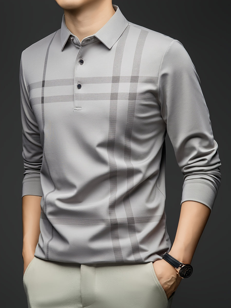 Men'S Striped Long Sleeve Shirt, Casual Commuter Versatile T-Shirt, Lapel Men'S Outdoor Athletic Wear, Easy Long Sleeve Lapel Business T-Shirt, Comfortable Breathable Middle-Aged Men'S Clothing - Light Grey