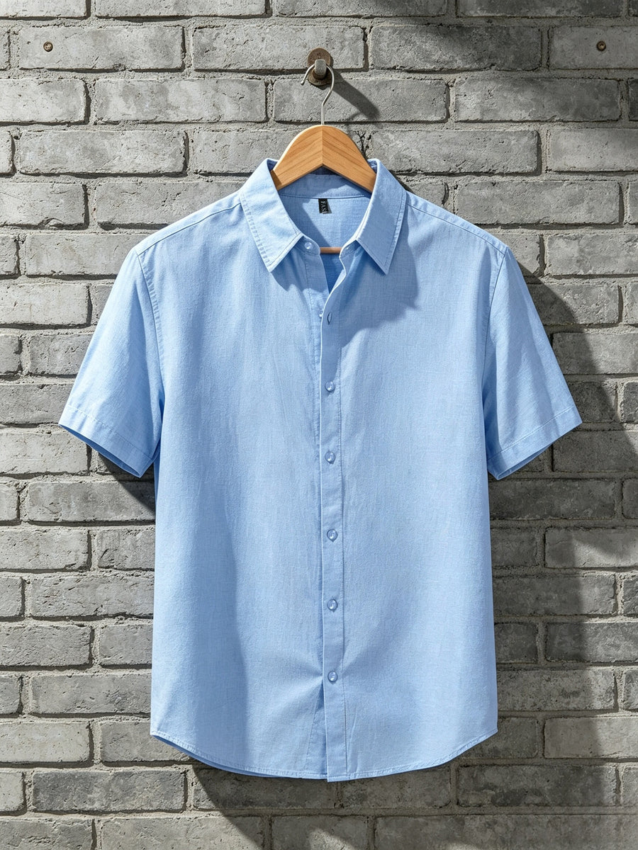 A Versatile Men'S Short-Sleeved Shirt for Summer, Featuring a Easy Solid Color Collar Design And Breathable Fabric for Long-Lasting Freshness. Available in Multiple Colors, It Is Easy to Handle for Casual Commuting. (solely Includes 1 Top) - Sky Blue