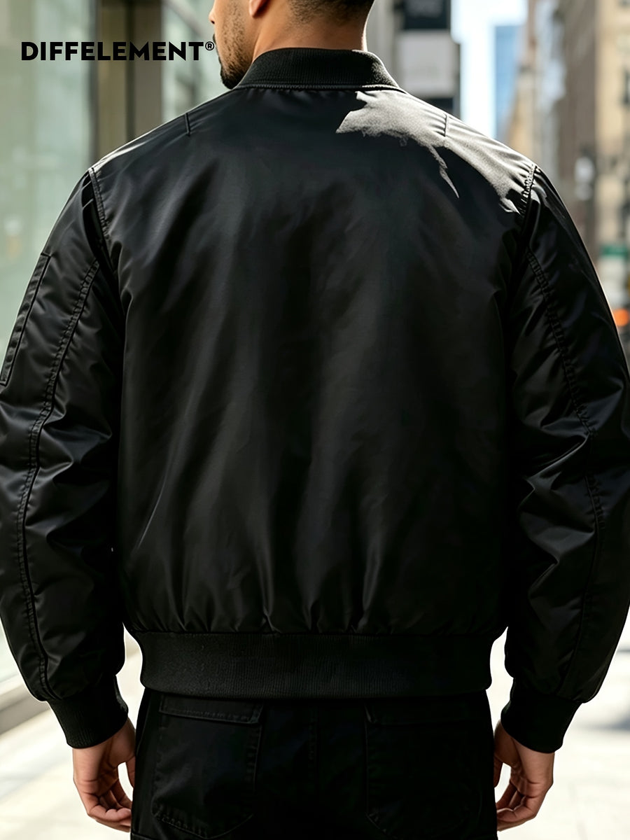DIFFELEMENT Men's Baseball Collar Flight Jacket, Windproof, Wrinkle-Resistant, Wear-Resistant, Woven Fabric, Smooth Zipper Closure, Ribbed Cuffs and Hem, Sleeves with Pockets, Red Ribbon Accent, Loose Casual Fit, Suitable for Urban Commuting - Black