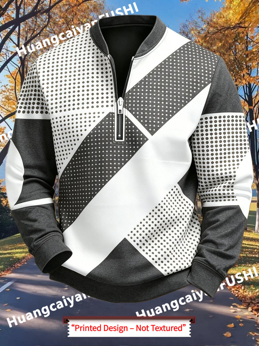Men'S Autumn Winter Polo Zipper Sweatshirt, Classic Trendy New Half-Zip POLO Sweatshirt, American Retro Geometric Color-Block Print, Polo Stand Collar, Machine Washable, Daily Casual Party Outdoor Essential, Fashionable Long Sleeve Athletic Top - Mixed colors