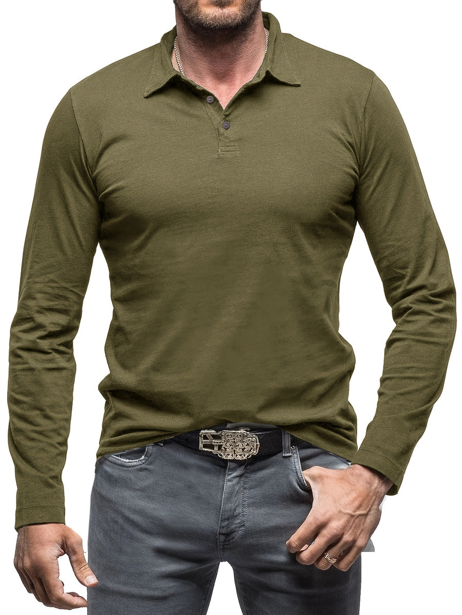 New Style Lapel European And American Style Men'S T-Shirt, Solid Color, Cross-Border Foreign Trade Men'S Long-Sleeve Polo Shirt - Olive Green