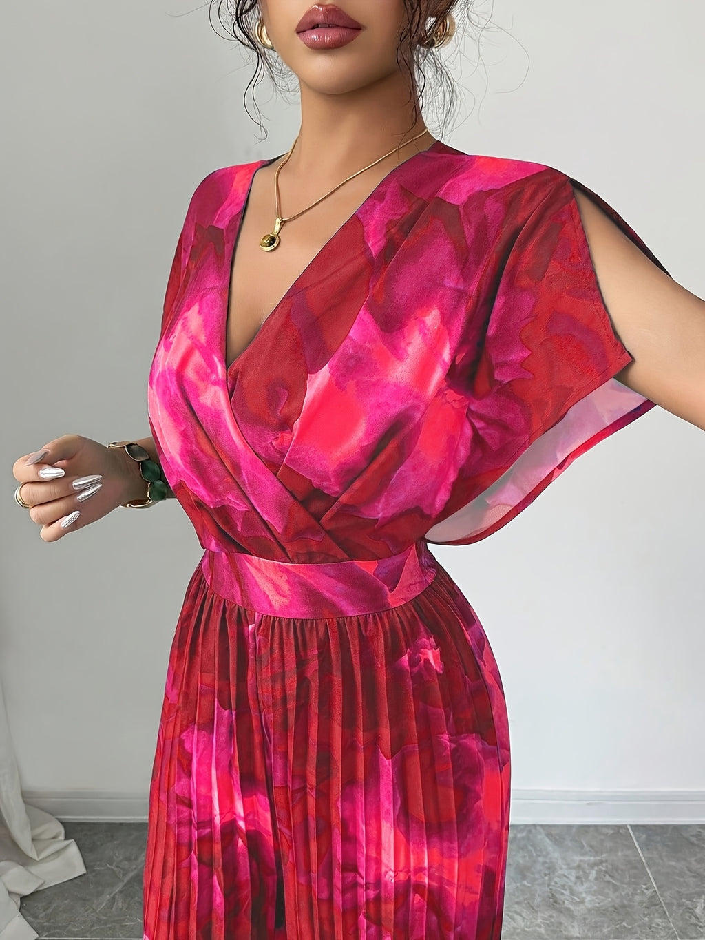 Women's Spring/Summer Elegant Vacation Style Floral Print V-Neck Batwing Sleeve Pleated Wide-Leg Jumpsuit - Rose Red