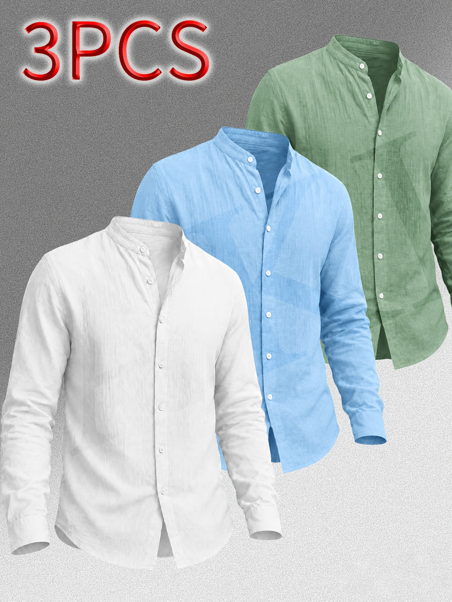 [Know And Give OBM] Men'S Clothing New Stand-Up Collar Solid Linen-Like Long Sleeve Shirt 3pcs Set, Minimalist Design, Spring Autumn Winter High-Quality Men'S Long Sleeve Button-Up Shirt - Suitable for Outdoor Leisure Vacation Formal Wear - White+Sky Blue+Green