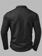 Men's Fashion Top, Autumn/Winter Outdoor Casual Randomly Cut Wheat Ear Texture Fabric, Solid Color Lapel Zipper Patch Long Sleeve Men's Polo Shirt - Black