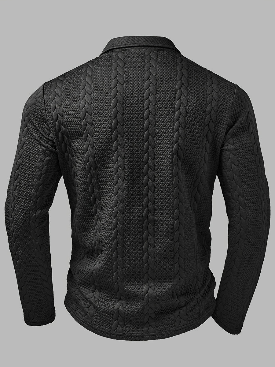 Men's Fashion Top, Autumn/Winter Outdoor Casual Randomly Cut Wheat Ear Texture Fabric, Solid Color Lapel Zipper Patch Long Sleeve Men's Polo Shirt - Black