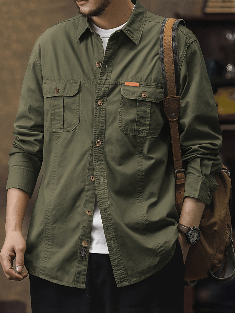 Men's Workwear Long-Sleeve Shirt, American-Style Spring/Autumn Multi-Pocket Casual Lightweight Outdoor Turn- Collar Shirt for Young and Middle-Aged Men - fern green