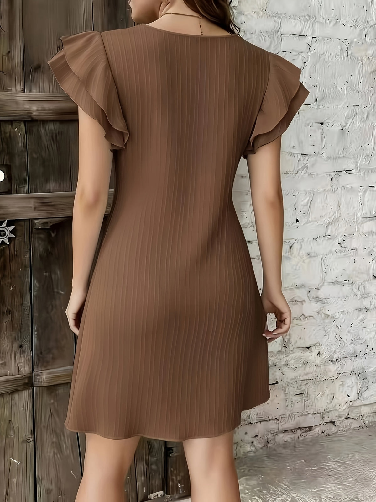 Spring Summer New Fashion Easy Round Neck Beautiful Women'S Ibiza Beach Solid Color Dress - Dark Brown
