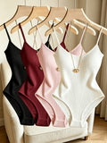 4pcs Women's Ribbed Brushed Bodysuit with Adjustable Straps - Black+Red+Pink+White