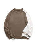 Men'S Color Block Asymmetric Patchwork Crew Neck Sweater, Versatile Casual Knit Pullover Top - Khaki