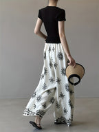 Bohemian Retro Print Drawstring Wide-Leg Pants Women'S Summer Thin Straight Drape Loose Casual Pants Summer Thin Print Casual Pants Women'S 2025 New Loose Lazy Style Breathable Ice Fiber Fabric Pants - Beige