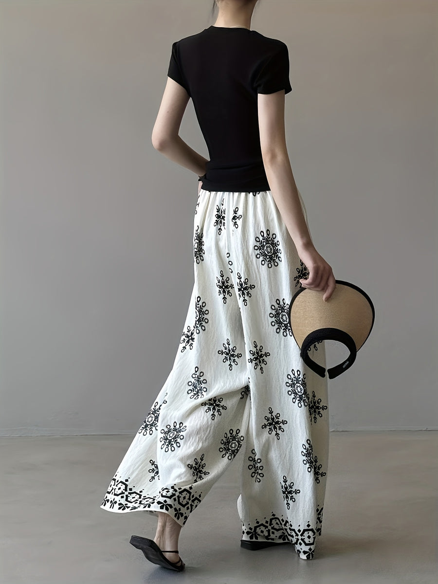 Bohemian Retro Print Drawstring Wide-Leg Pants Women'S Summer Thin Straight Drape Loose Casual Pants Summer Thin Print Casual Pants Women'S 2025 New Loose Lazy Style Breathable Ice Fiber Fabric Pants - Beige