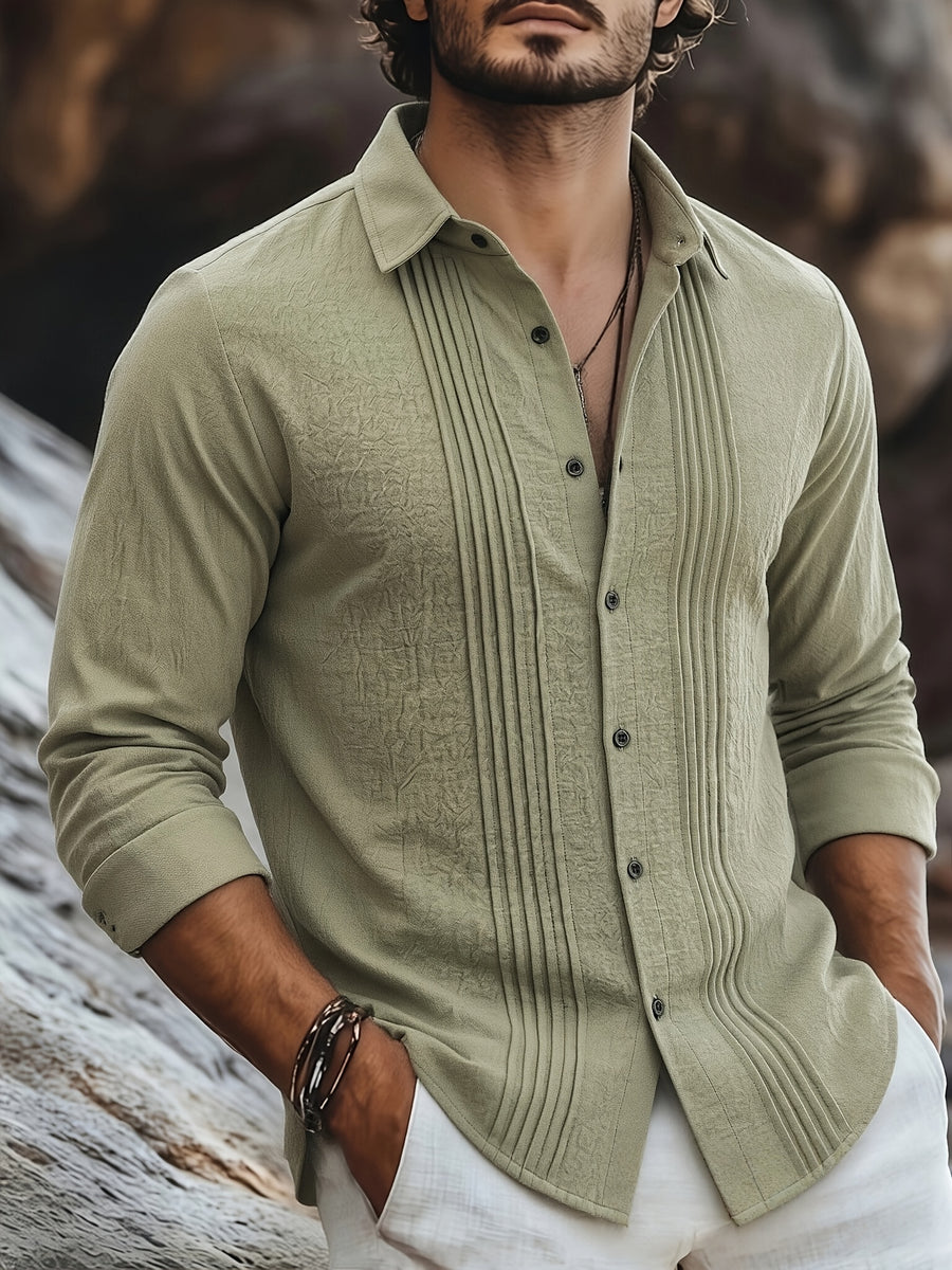 Men's Linen Guayabera Shirt with Lapel Collar & Button Front Panel - Accordion Pleat Chest Texture, Long Sleeve Button-Front Closure Suitable for Beach, Casual, -Casual Wear, Year-Round Versatile Formal & Everyday Button-Up Shirt - Olive Green