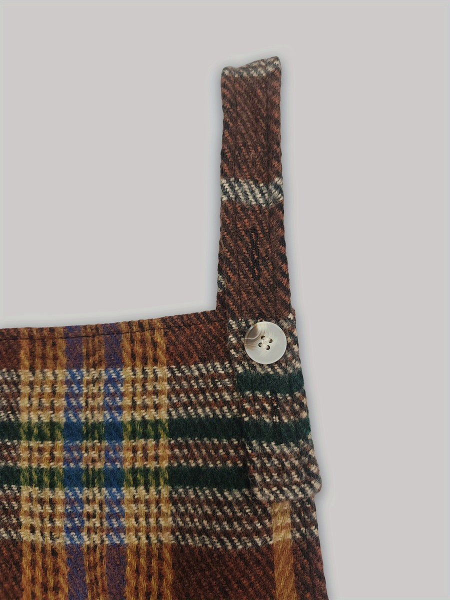 Autumn/Winter Fashion Classic Plaid Color-Block Suspender Jumpsuit, High-Waisted Loose Wide-Leg Leg-Length-Enhancing Casual Daily Commute Overalls ZLLZ - Yellow Brown