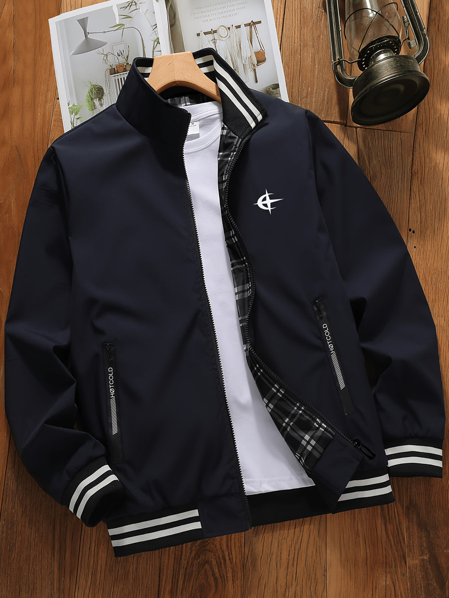 Men's Workwear Jacket with Stand Collar & Zipper Front - Zipper Pocket Suitable for Spring/Autumn, Loose Fit Casual Outerwear, Stand Collar Jacket with Ribbed Hem for or Casual Attire (No Stretch, Solid Color) - Navy Color