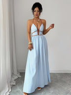 Women's Fashion Halter Neck Tie-Strap Striped Vacation Style Long Dress - Azure
