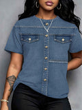 [Printed Pants - Not Denim Fabric] New Spring/Summer Women's Imitation Denim Distressed Hem Faux Button- Short Sleeve T-Shirt with Round Neck, Faux Metal Buttons, and Faux Cargo Pockets - Women's Top, Women's Summer Clothing - Mixed colors