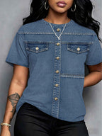 [Printed Pants - Not Denim Fabric] New Spring/Summer Women's Imitation Denim Distressed Hem Faux Button- Short Sleeve T-Shirt with Round Neck, Faux Metal Buttons, and Faux Cargo Pockets - Women's Top, Women's Summer Clothing - Mixed colors