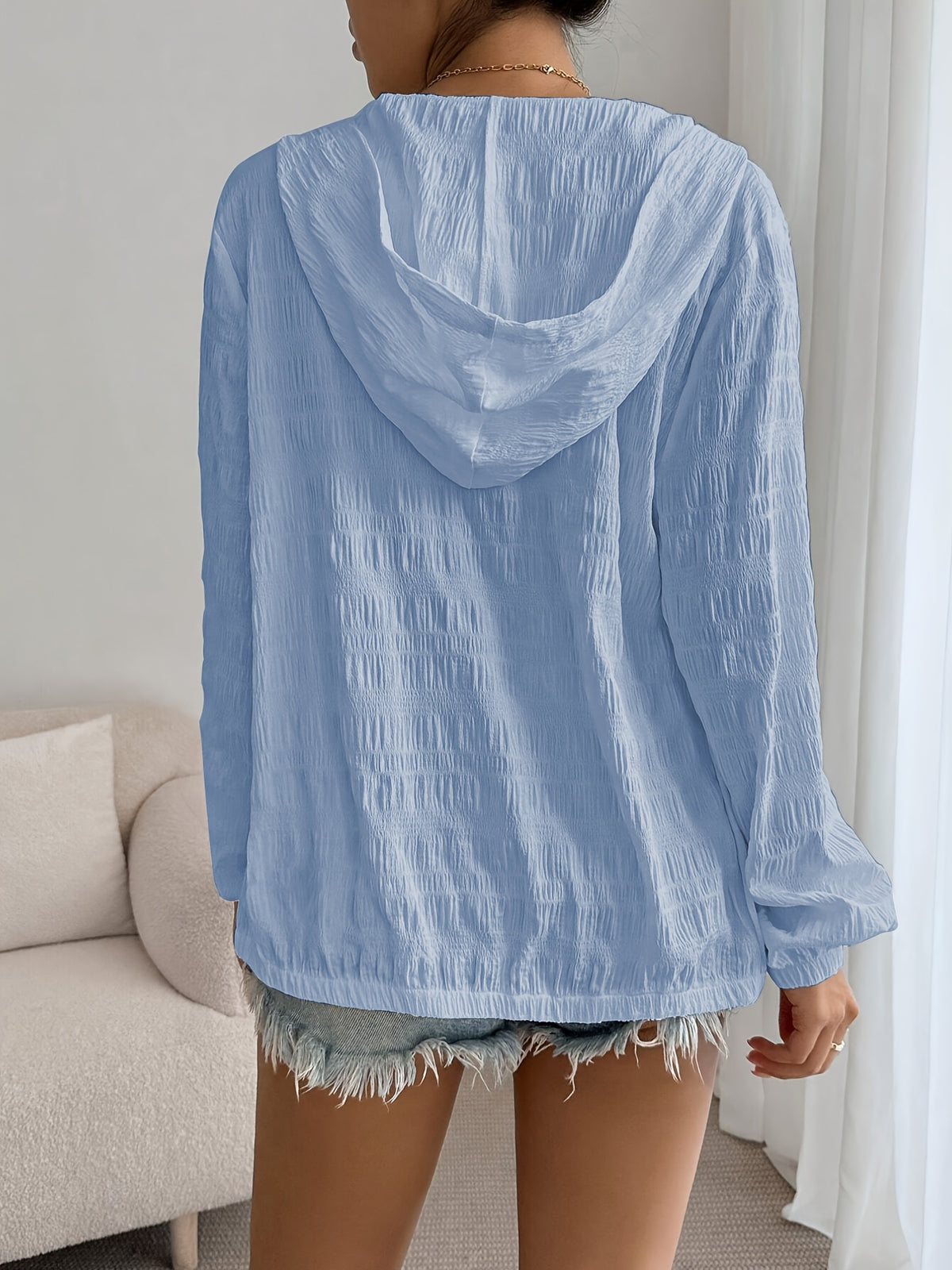 Comfortable Comfortable | Women'S Lightweight White Hooded Jacket - Casual Pleated Design, Zipper Closure, Long Sleeves, Machine Washable - Versatile Outerwear for All Seasons - Light Blue