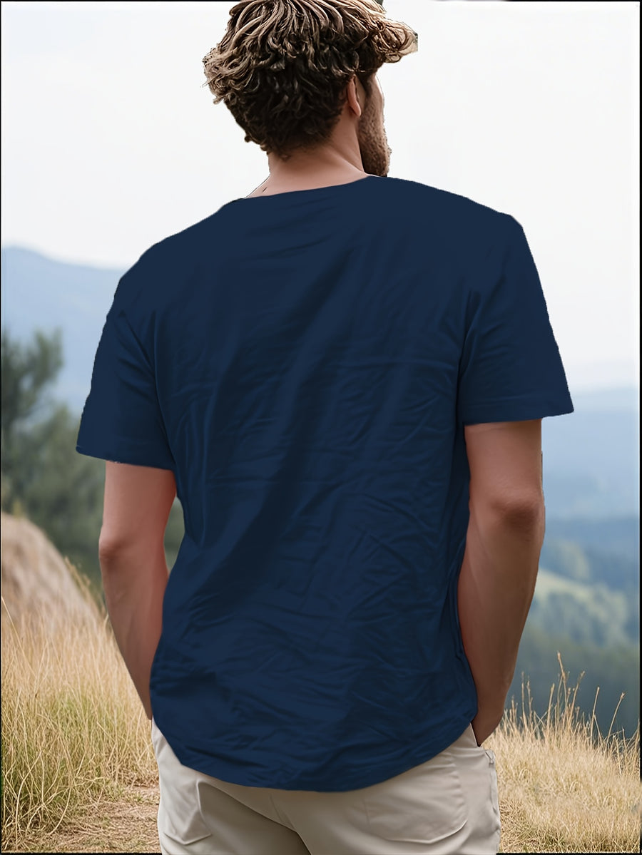 Men's Casual T-Shirt, Versatile Summer Short-Sleeve Top, Fashionable Solid Color Sweatshirt, Crew Neck with Drawstring Design - Lightweight and Breathable, Machine Washable, Suitable for Daily Wear and Outdoor Leisure - Navy Color