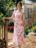 ASD1 2026 New Suspender Dress Women'S Summer Pleated Waist Temperament Mid-Length Dress, Mesh Dress, Gentle Style Fairy Dress. Retro Print Dress, Diverse Color Design, Gentle Vacation Style Long Skirt, French Romantic Style, Drape Mesh, Beach - White Pink Flower