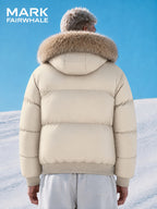 MARK FAIRWHALE Detachable Faux Fur Collar Mock Jacket, Winter Thickened Warm Coat, Small Logo Loose Casual Men'S Outerwear - M Beige