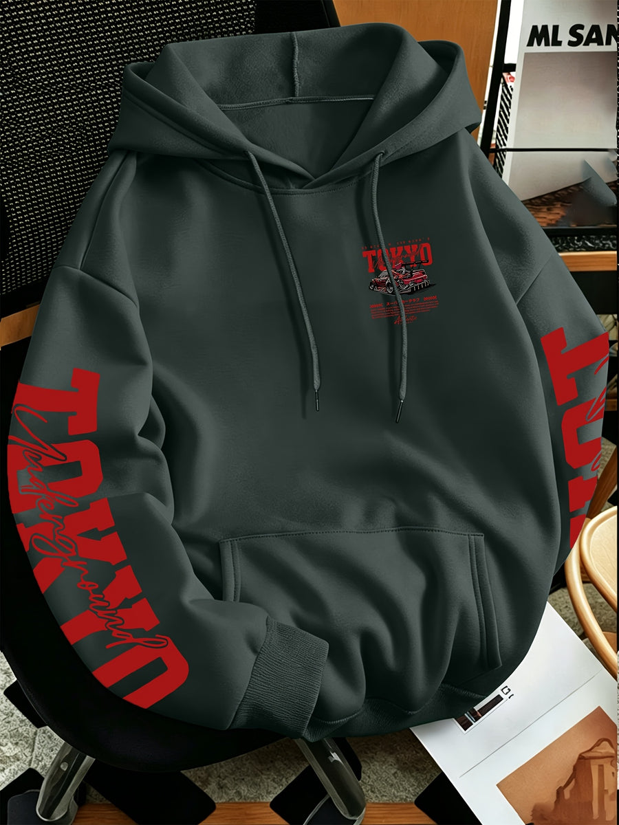 New Autumn/Winter Men's Tokyo Underground Racing Print Hooded Sweatshirt, American Street Style Motorcycle Top - Gray Green