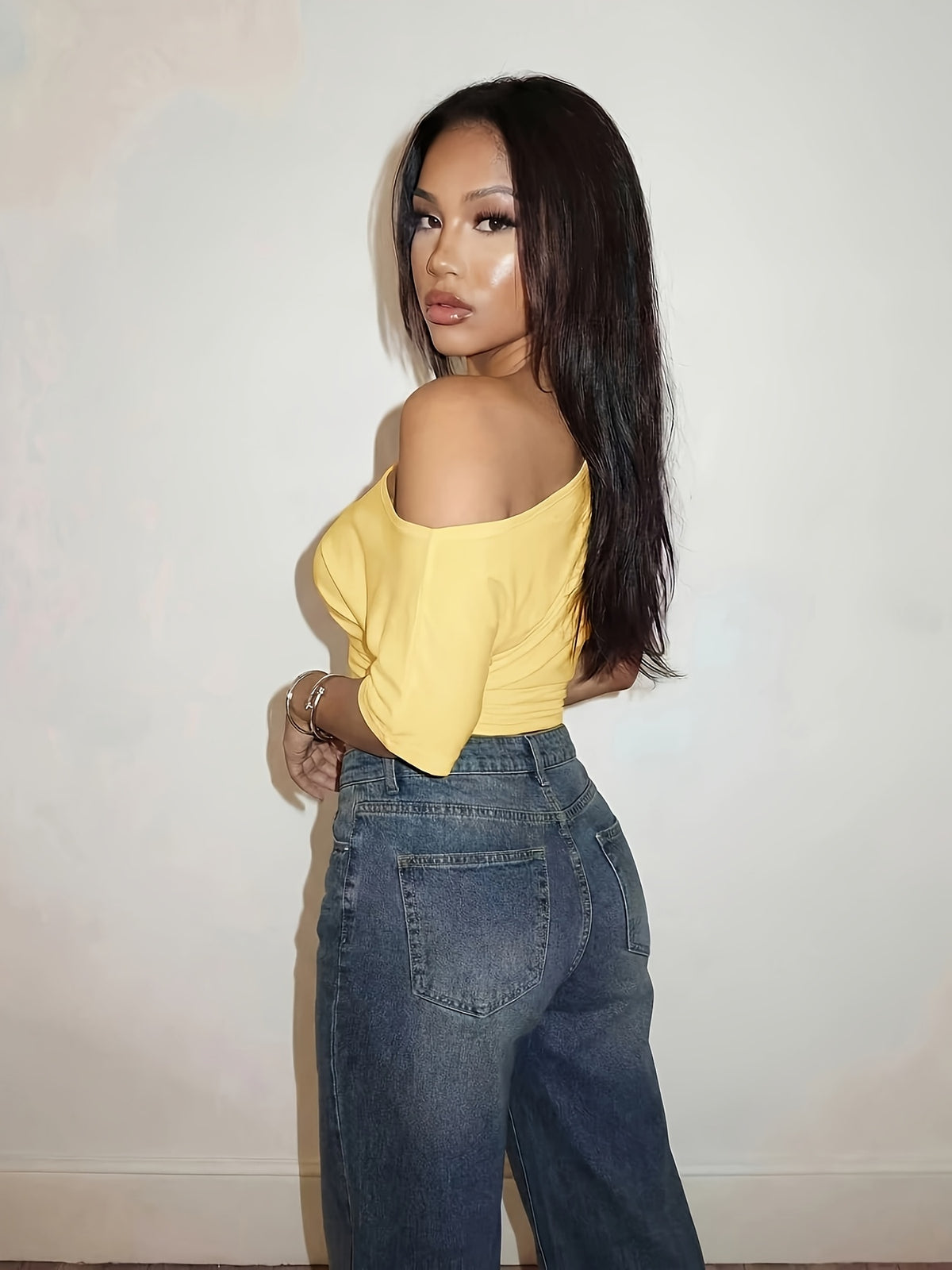 Spring Summer Vacation Beach Elegant Romantic Sexy Party Date Birthday Party Casual Elegant Off-Shoulder Loose Waist Pleated Solid Color T-Shirt Top - Bright Yellow