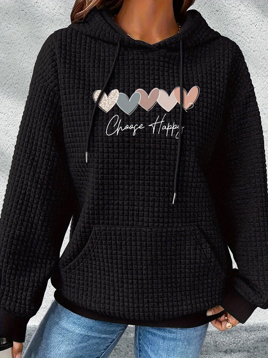 Graphic Print Hoodie, Drawstring Casual Hooded Sweatshirt for Fall And Spring, Women'S Clothing - Black