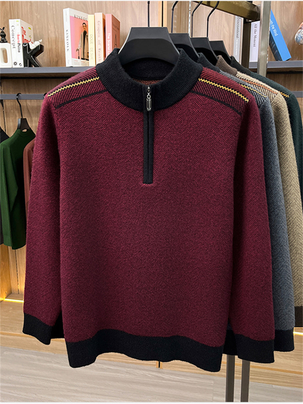 Autumn Winter Knit 3D Solid Round Neck Half-Zip Sweater, Basic Knit Pullover Top for Men, Fashionable Long Sleeve ZYR - Burgundy color