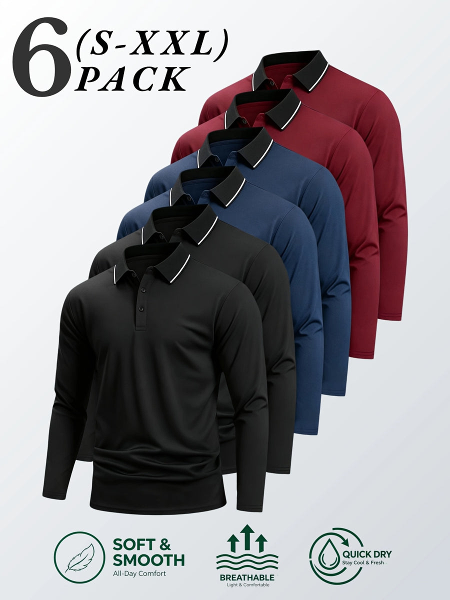 6pcs/Set Striped Lapel Long Sleeve Casual Sports Mesh Quick-Dry Breathable Comfortable POLO Shirt Basic Solid Color - Black 2 + Navy Blue 2 + Red 2
