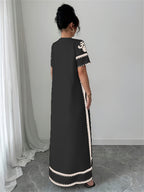Middle Eastern Ramadan Themed Elegant Spring And Summer Party Dress with a V-Neck Short Sleeves And Paisley Print - Black + Apricot