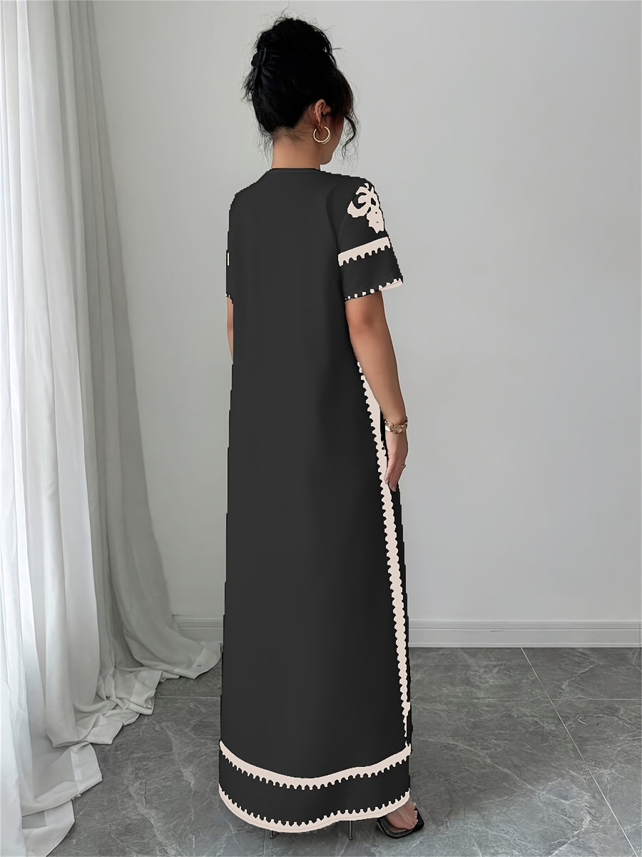 Middle Eastern Ramadan Themed Elegant Spring And Summer Party Dress with a V-Neck Short Sleeves And Paisley Print - Black + Apricot