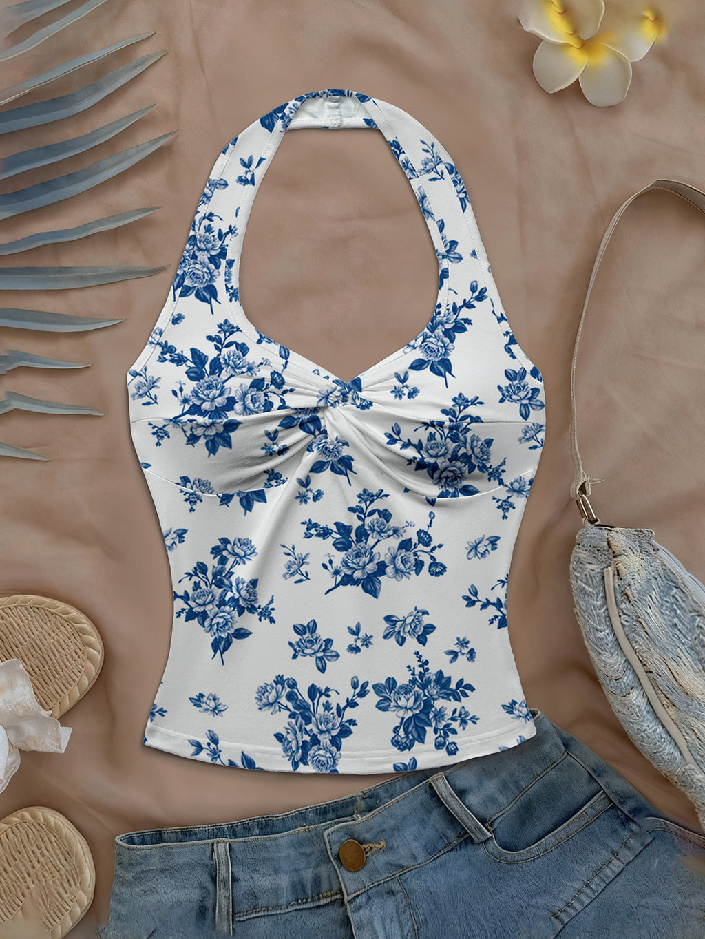 Women'S Spring/Summer New Arrival Daily/Dating/Vacation Casual Printed Twist Front Halter Neck Crop Top - Royal Blue