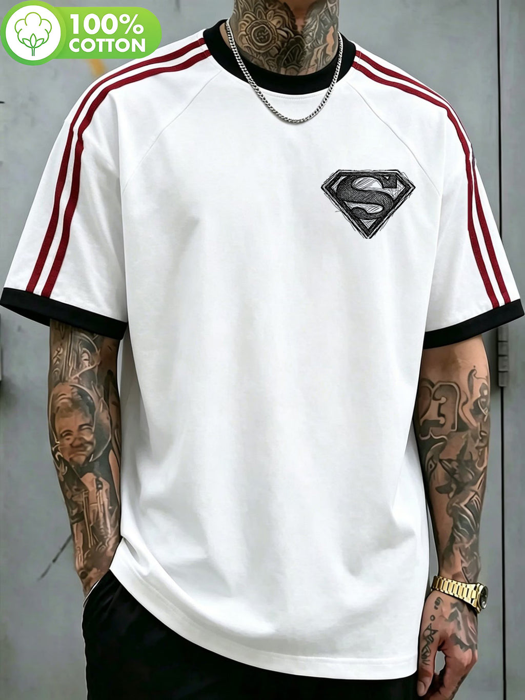 WB Warner Bros. Authentic New Men's Raglan Double-Stripe 100% Pure Cotton T-Shirt, Featuring a Hand-Drawn Draft-Style Superman Core Emblem Print with Distressed Thread Design. A Versatile Casual Cotton Tee for Men, Suitable for Daily Wear and Outdoor - White