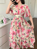 Women's Floral maxi Dress - Elegant Flowy Formal & Casual Event Gown, Non-Stretchy Fabric, Flared A-Line Skirt for Wedding, Party, Vacation - Spring/Summer/Fall Evening Outfits, Floral Print Dress, Summer Outfit, Machine Washable, Bridal Guest Outfit - Peach