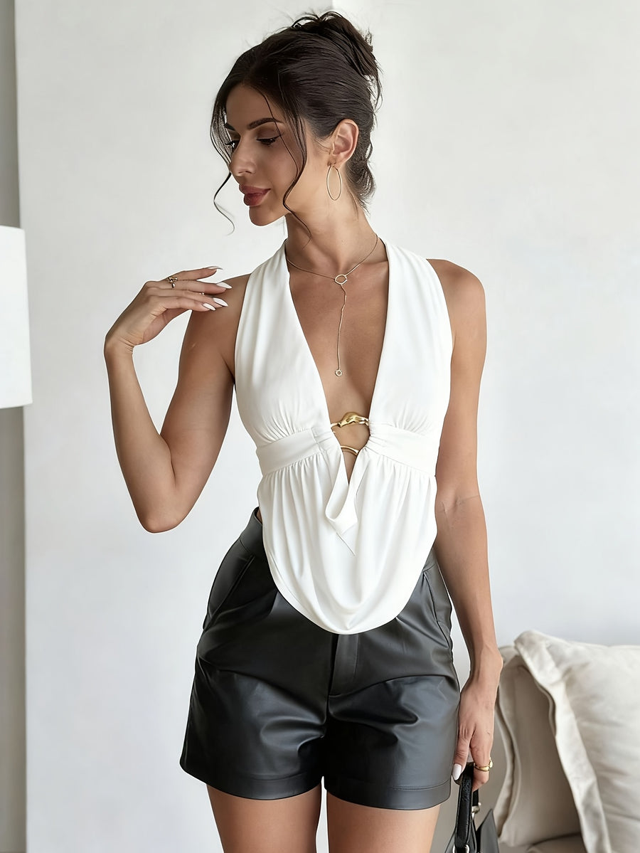 Western Style Temperament Hollow Neck Backless Top Street Elegant Fashion Tie Vest - Milky