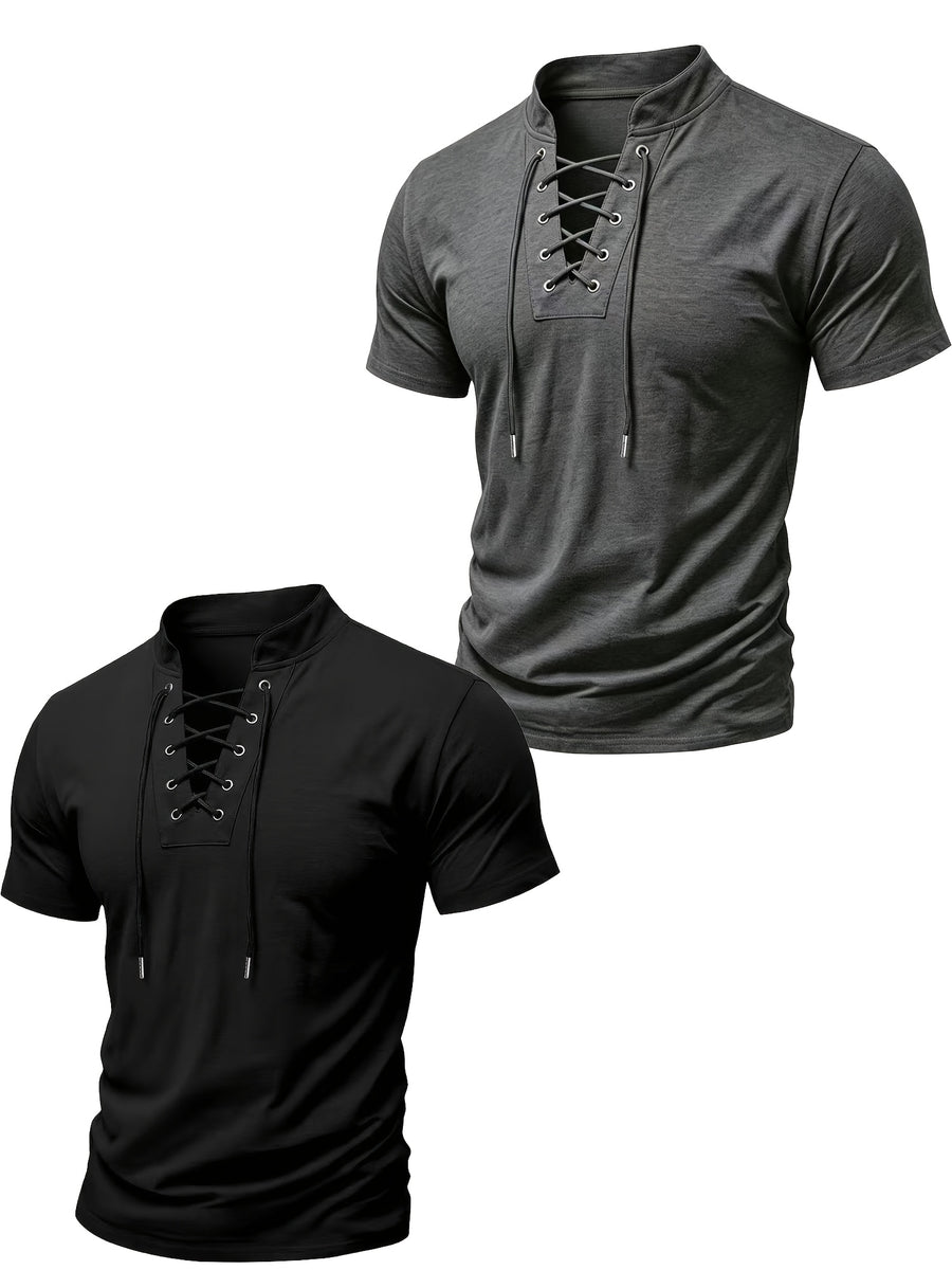 2026 New Men'S Casual Small Lapel Solid Color Short Sleeve, 2pcs Set - Dark gray and black