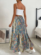 Women's Bohemian Paisley Print Maxi Skirt - 100% Polyester Elastic-Free Flowy Long Skirt with Smocked Detailing & Umbrella Hem, Vibrant Geometric Floral Design for Beach Vacations, Music Festivals, Spring/Summer Casual Wear, Festival Attire, Smooth - Mixed colors