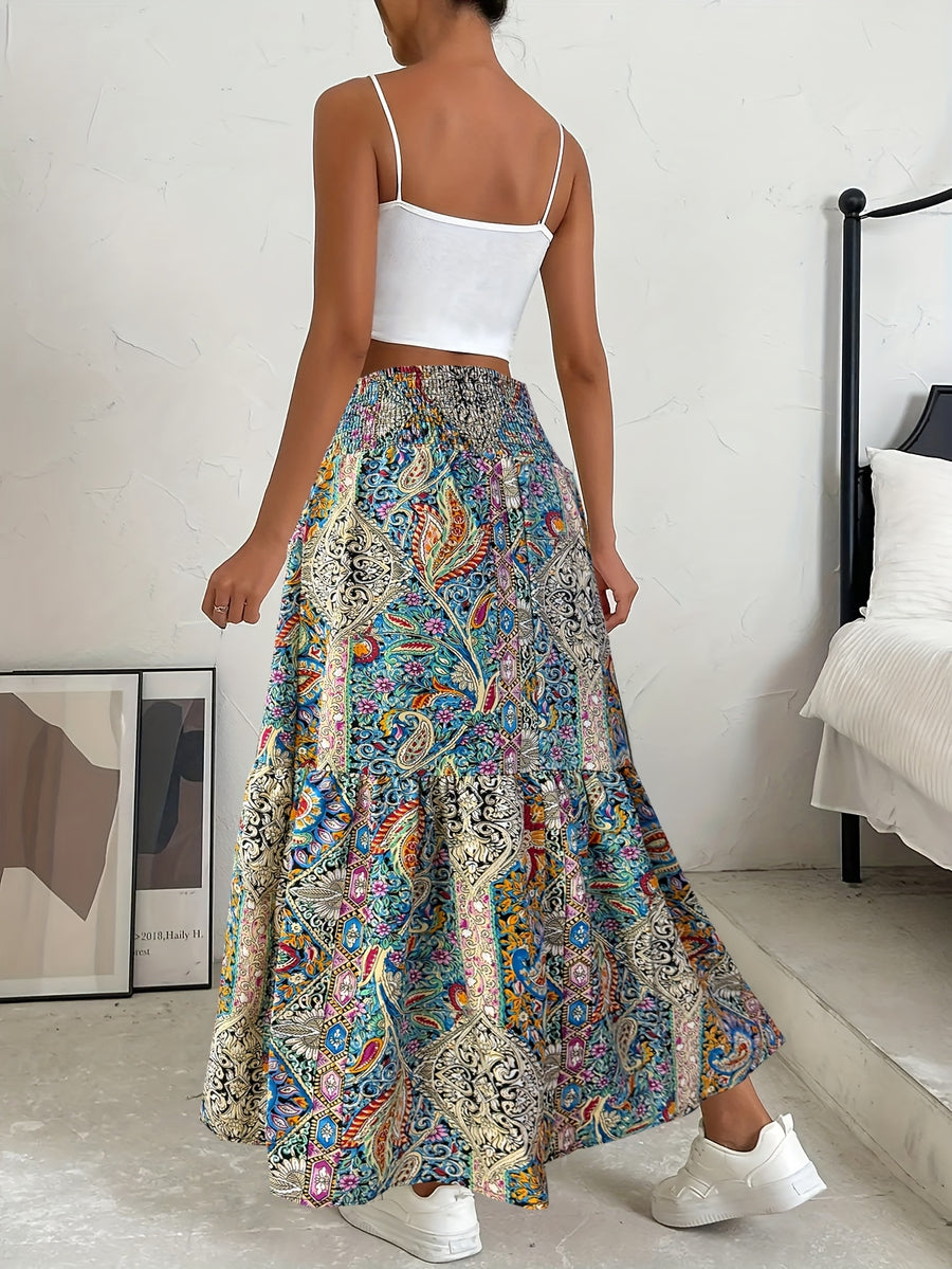 Women's Bohemian Paisley Print Maxi Skirt - 100% Polyester Elastic-Free Flowy Long Skirt with Smocked Detailing & Umbrella Hem, Vibrant Geometric Floral Design for Beach Vacations, Music Festivals, Spring/Summer Casual Wear, Festival Attire, Smooth - Mixed colors