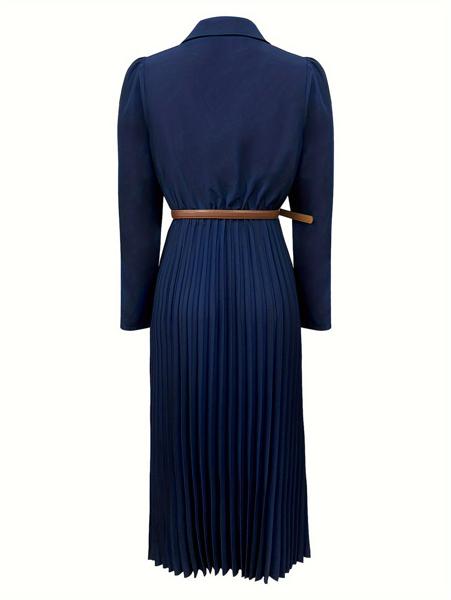 Spring/Autumn Long Sleeve Lapel Elegant Fashion Versatile Ruched Dress with Belt, Women'S - Navy blue color