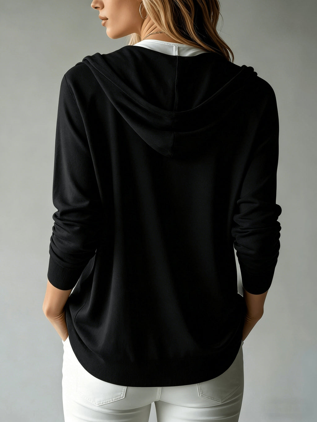 Women's Button Cardigan with a Hood, Drawstring Hood Design, French Style, European and American Style, Casual, Loose, All-season Versatile, Can Be Worn Alone or as an Outer Layer, Suitable for Daily Commuting and Various Occasions. - Black
