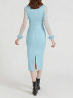European And American Style Party Dress with Long Sleeves, Deep V-Neck, Mesh Sleeves, Fitted Silhouette, And a Slit, Perfect for Party Occasions - Sky Blue